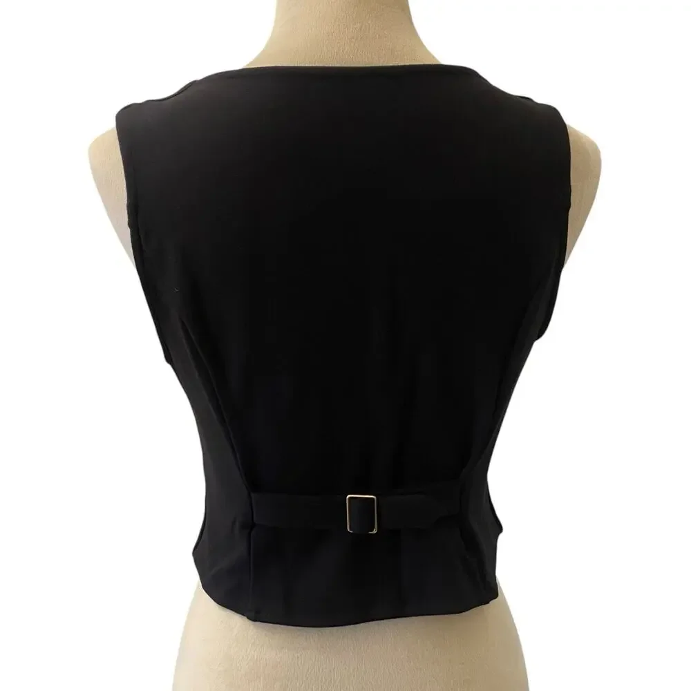 Women's Classic Size Medium Black Sleeveless Button-Front Vest with Gold Buttons
